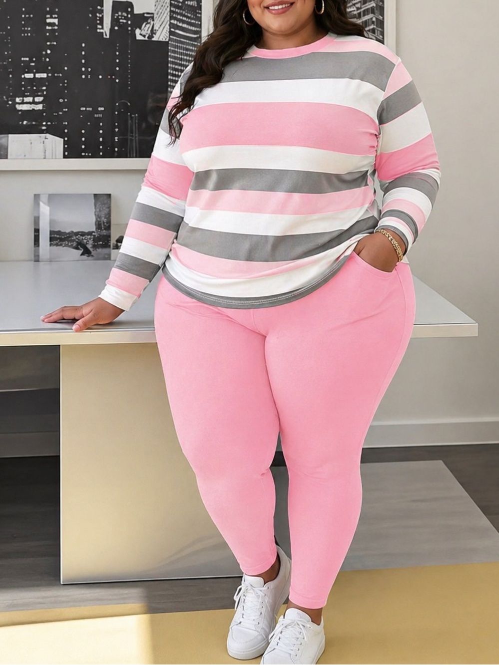 Plus Size Pink Striped Long-Sleeve Top with Pink Leggings Set